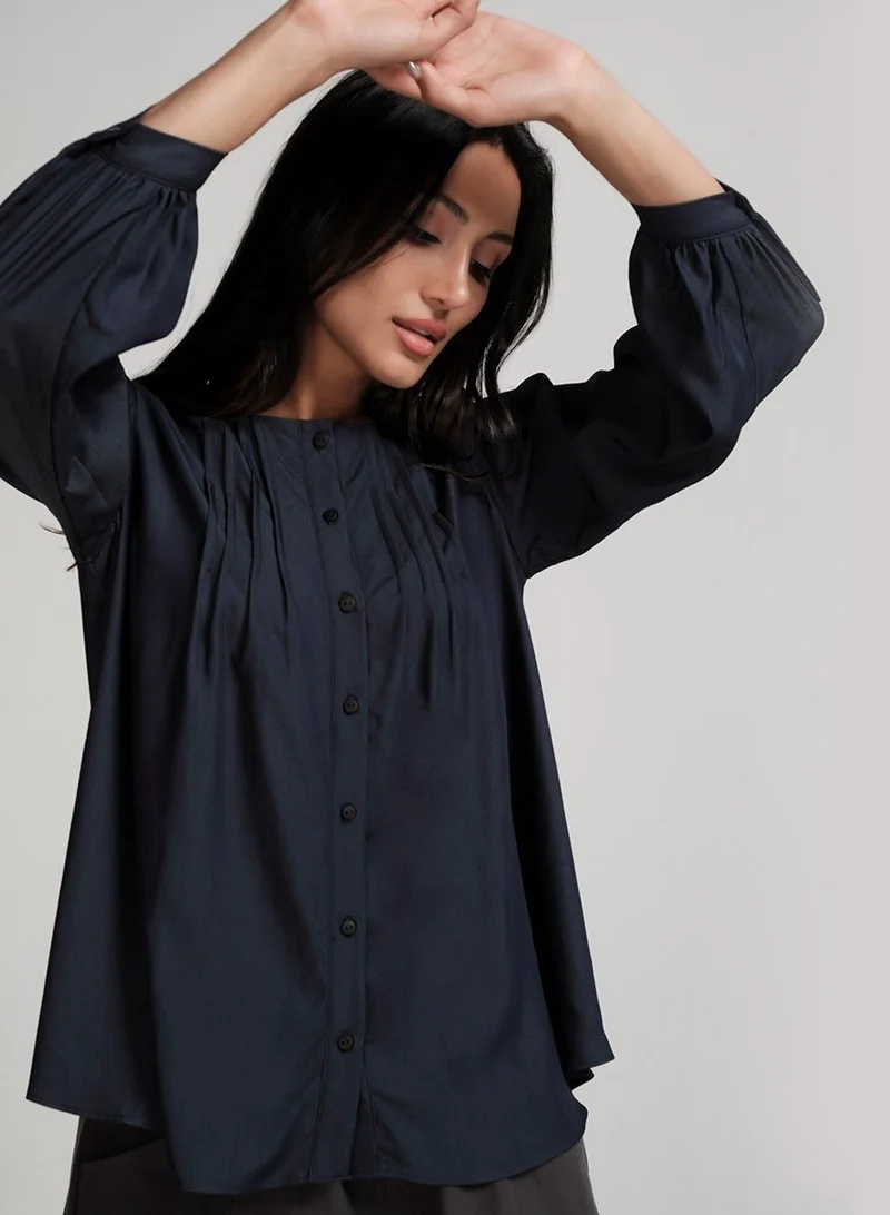 Zigzag Front Pintucked Round Neck Blue Top